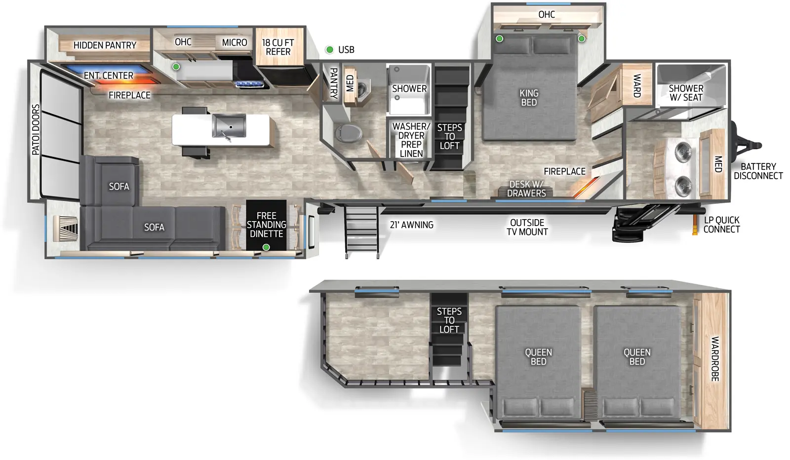 The Timberwolf 39JM floorplan has two entries and two slide outs. Exterior features include: metal exterior and 21' awning. Interiors features include: loft, kitchen island, rear living and two full bathrooms.